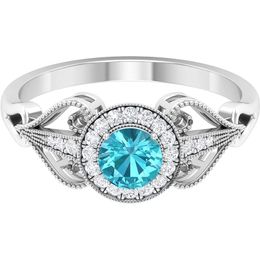 Solitaire Ring Swiss Blue Topaz and Diamond Gold Beaded Statement 5 MM Round Cut 14K Solid 220829