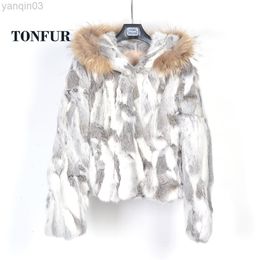 Women's fur Faux Rabbit With Hooded Jacket And Luxury Natural Real Raccoon Fur Collar Hood Vest Overcoat WSR262 L220829