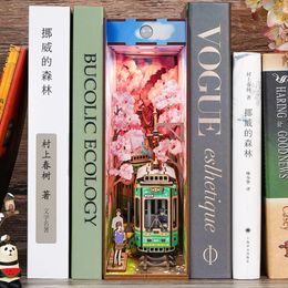 Architecture DIY House Wooden DIY Book Nook Shelf Insert Kits Sakura Train Bookend Handmade Building Miniature Dollhouse Furniture Toy Gifts Home Decor 220829