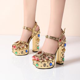 Sandals Colourful Rhinestone Club Sexy Platform Peep Toe High Heels Roman Plus Size Chunky Pumps Women Shoes Sandalias De Mujer