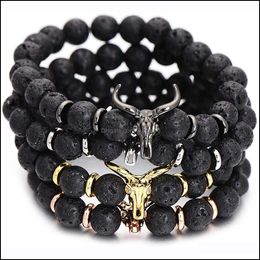 Beaded Strands Women Jewellery Bracelet Strands Punk Cz Bl Head Skl Men Fashion 8Mm Lava Stone Beads Charm Bracelets Bang Dhseller2010 Dhh30