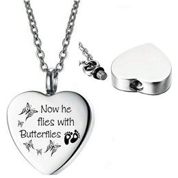 Unisex Necklaces for Ashes Memorial Cremation Pendant Love Heart Stainless Steel Keepsake Ashes Jewellery -Now He Flies with Butterflies