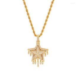 Pendant Necklaces Hip Hop Men's Gold Colour Zircon Pentagram Water Drop Lava Out Cuban Necklace Chain For Men