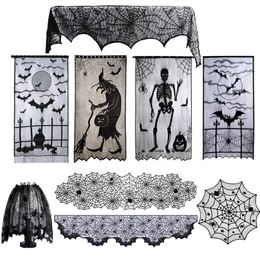 Other Event Party Supplies Halloween Decoration Black Spider Lace Tablecloth Skull Door Curtain Fireplace Cover Lampshades Home Horror House Party Props 220829