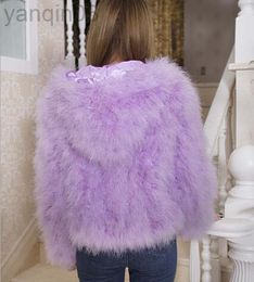 Women's fur Faux Fur LATE SETTING new winter stitching feathers turkey feather fur coat casual hooded long sleeve jacket L220829