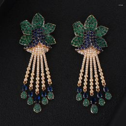 Dangle Earrings GODK Luxury Peony Flower Long Drop Earring For Women Wedding Cubic Zirconia Crystal Statement Party Bridal Fringed Jewellery