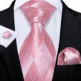 Bow Ties Fashion Plaid Pink Men's Tie Set 8cm Wedding Party 100% Silk Neck Pocket Square Cufflinks Gravatas Gift For Men DiBanGu