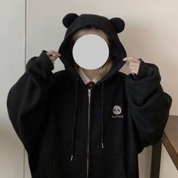 Kawaii Bear Ears Moletom Com Capuz Feminino Preto Panda Estampado Moletom Com Zíper Estilo Asiático Outono 2022 Moda Com Zíper Bonito Roupas Kpop
