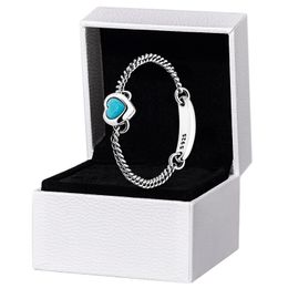 Women Girls Blue Stone Chain Love Heart RING 925 Sterling Silver Party Jewellery For pandora girlfriend Gift Rings with Original Box Set