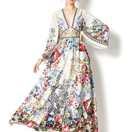 Casual Dresses Bohemian Sexy Deep V Neck Holiday Dress Spring Womens Long Flare Sleeve Buttons Up Floral Print Split Party Robe 220829