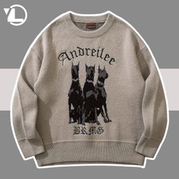 Men's Sweaters High Street Knitted Men Hip Hop Dog Letter Embroidery Oversized Pullovers Vintage Harajuku Jumper Loose Fashion Sweater 220829