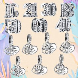 925 Silver bead fit Charms Pandora Charm Bracelet Number Charms Heart Arabic 16 18 21 30 40 charmes ciondoli DIY Fine Beads Jewellery