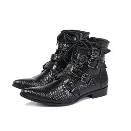 British Style Genuine Leather Men Ankle Boots Pointed Toe Buckle Party Dress Boots Lace Up Motorcycle Short Boot