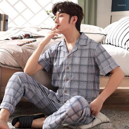 Men's Sleepwear Summer Striped Men Pajamas Suits Knitted Cotton Pyjamas Homme Short Sleeve Turn-down Collar Casual Soft Nightwear Male