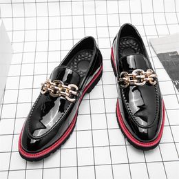Loafers Men Elegant Shoes Black Patent Leather PU Metal Buckle Slip On Fashion Business Casual AD