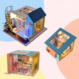 Architecture DIY House 3D Wooden DIY Miniatura Blocks Combination Villa Happy Sweet Living Games With Furniture LED Lights Birthday Gift 220829