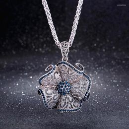 Berets Ancient Silver Colour Crystal Long Chain Necklace Vintage Blue Sweater Coat Flower For Women Gift