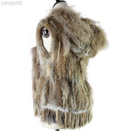 Women's fur Faux Harppihop Fashion Raccoon Trimming Knitted Rabbit With Hood Fur Vest Gilet L220829