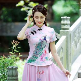 Ethnic Clothing SHENG COCO Peacock Printing Blouse Chinese Style Qipao Tops Traditional Woman Cheongsam Shirts Satin