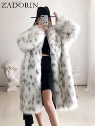Women's fur Zadorin New Winter Korean Fashion Fluffy Warm Coat Women Lapels Long Elegant White Leopard Faux Mink Fur Coats L220829