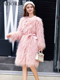 Women's fur Zadorin Elegant Winter Women Long Sheep Coat With Belt Luxury Fluffy Pink Faux Fur Ladies Jackets L220829