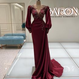 Gorgeous Mermaid Satin Prom Dresses Long Sleeve Beaded Crystal Burgundy Evening Gowns For Arabic Women Vestidos Party Dress