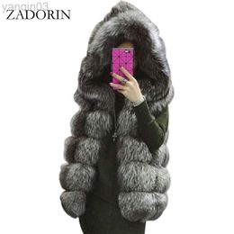 Women's fur Zadorin S-4XL Female Hooded Coat Autumn Winter Thick Warm Faux Silver Fur Women High Quality Cappa fashion Vest L220829