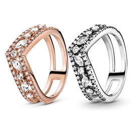 Sparkling Marquise Double Wishbone RING 925 Sterling Silver Rose gold Women Wedding Jewellery For pandora Engagement gift Rings with Original Box