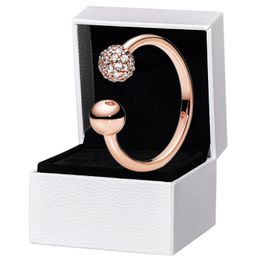 Polished Pave Bead Open Ring 925 Sterling Silver Women's Wedding designer Jewelry For pandora Rose gold Rings Set with Original Box