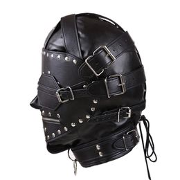 Beauty Items BDSM Bondage PU leather Full Cover Hood Slave Eyepatch Head Harness Zipper Mouth Fetish sexy Toys For Couples Ensory Deprivation