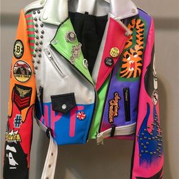 Womens Jackets 3xl women and men rivet beading pu leather jacket hit Colour streetstyle Graffiti outerwear letters printed jackets 220829