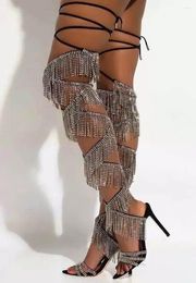 Sandals Luxury Bling Crystal Fringe High Heel Lace-up Rhinestone Tassels Boots Gladiator Heels Banquet Dress Shoes