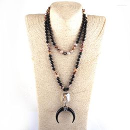 Pendant Necklaces Fashion 108 Beads Mala Black Stone Knotted Crystal Link Crescent Moon Charm Necklace Women Beaded Yoga