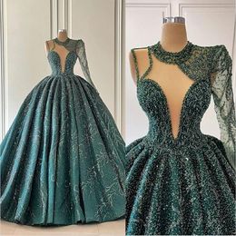 2022 Green Ballgown Prom Dresses One Shoulder Long Sleeves Beaded Ruffles Floor Length Custom Made Evening Gown Formal Ocn Wear Vestidos 401 401