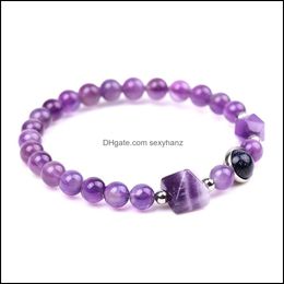 Charm Bracelets 8Mm Natural Stone Beaded Strand Bracelet Amethyst Crystal Pyramid Charms Chakra Yoga Jewellery For Women Men D Sexyhanz Dhdzz