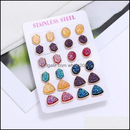 Stud Resin Pink Green Blue Druzy Drusy Designer Stud Earrings 12Pairs Set Fashion Mini Cute Earring For Women Girl Drop Dhseller2010 Dhzpy