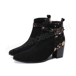 Gold Floral Party Men Boots Buckle Suede Leather Ankle Boots High Heel Nightclub Dress Boot Fashion Male Shoes