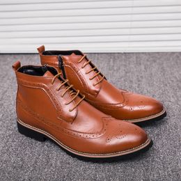 Bullock Boots British Men Shoes Solid Color PU Classic Carved Lace Up Fashion Casual Street All match AD
