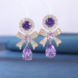 Backs Earrings Clip On French Sweet Purple Crystal Zircon Bowknot Geometric Mosquito Coil Without Pierced For Women Party