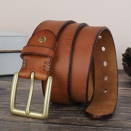 Belts Pure Cow Leather Belt Men's Retro Casual Pants Copper Button Needle Head Layer