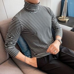 Men's T Shirts 2022 Black Grey Men High Collar Long-Sleeve T-Shirt Stripe Slim Fit Shirt Vintage Basic Cotton