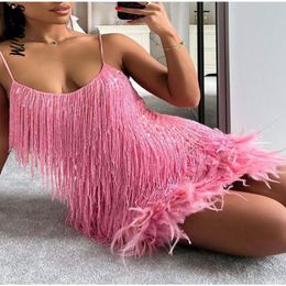 Casual Dresses Sexy Women's Fringed Sequin Feather Stitching Dress Summer Slim V-Neck Off Shoulder Dresses Female Backless Slip Mini Robe 220829