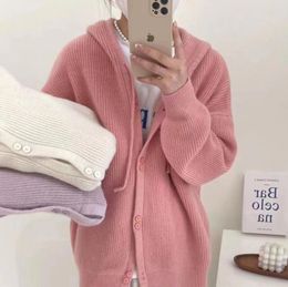 Women Sweaters Single-breasted Long Sleeve Top Drawstring Hooded Knitted Sweater Coat Cardigan Top