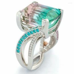 Wedding Rings 2022 Fashion Blue Pink Gradient For Women Anillos Square Crystal Zircon Anel Engagement Statement Ring Jewellery