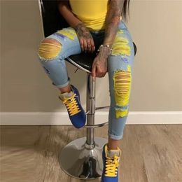 Women's Jeans Ripped jeans High Waist Hole Women Trousers Club Outfits Street trendy feet pants light Coloured Sexy Hollow out denim Pant 220830