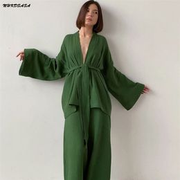 Women's Sleepwear NHKDSASA Kimono Pyjamas 100% Cotton Crepe LongSleeved Trousers Ladies Suit Home Service Mujer 220830