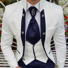 Print White and Blue Wedding Tuxedos 3 Pieces Slim Fit Mens Suit for Special Occasion Contrast Colour Business Prom Wear