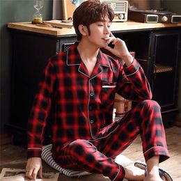 Men's Sleepwear Spring Autumn Pyjama Sets Suit Knitted Cotton Casual Long Sleeve Plaid Home Wear Plus Size Comfortable Pyjamas For Men 220830