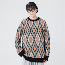 Men's Sweaters Colour blocking Sweater Diamond Grid Round Neck Knit Pullover Autumn Winter Male Teen Fashion Casual Knitted Top 220830