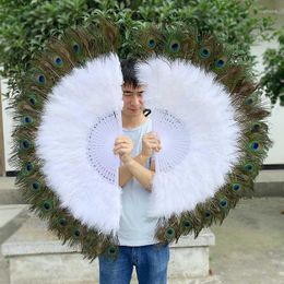 Home Decor Factory Direct Sales Large Size White Ladies Folded Turkey Feather Hand Fan Two Double Big Eyes Peacock Fans